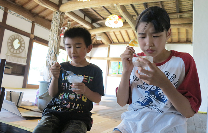 アイスクリームを食べる姉弟