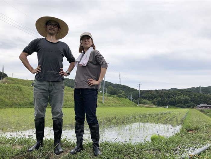 田んぼで夫婦で撮影