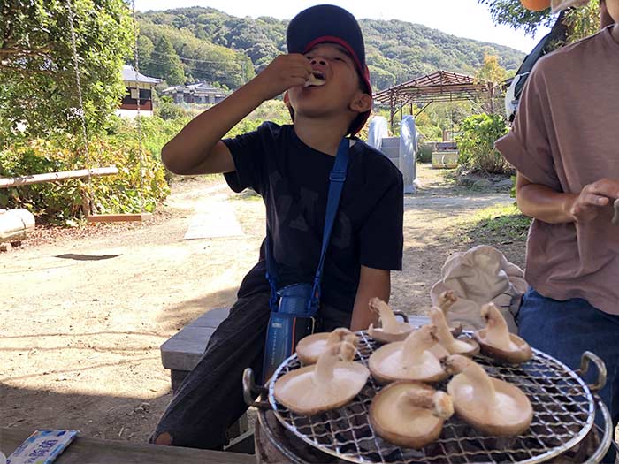 原木椎茸を食べる息子