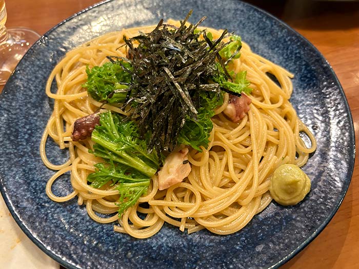 タコとイカのわさび醤油パスタ